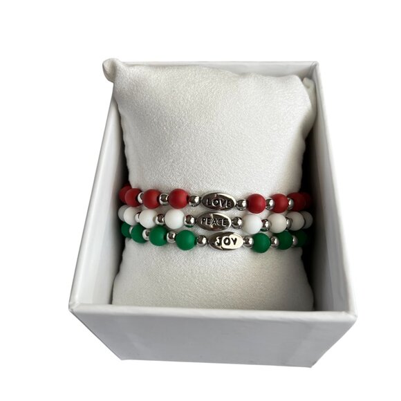 Rustic Cuff Christmas Set NIB Love Peace Joy Stainless and Silicone - Picture 1 of 4